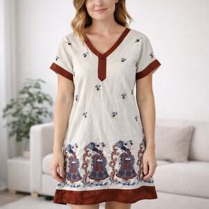 Vintage Hand Embroidered Tunic Dress Cream Rust Blue V Neck Short Sleeve